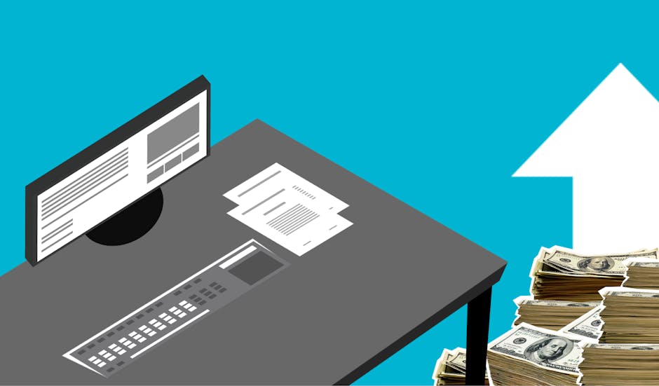 Illustration of a digital workspace with a monitor and cash symbolizing financial growth and success.